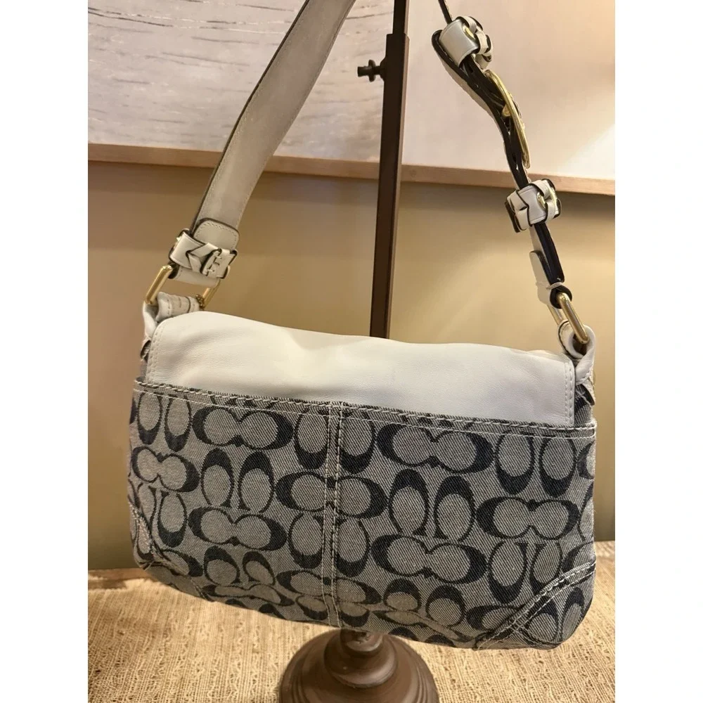 Vintage Coach Bleecker Denim Signature White Leather Trim Flap Bag Satchel 11772